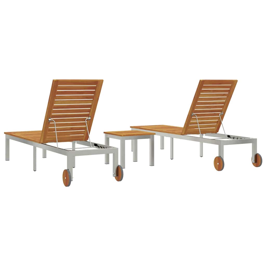 SunLoungers2pcswithTable 2-person 3 pcs Brown SolidAcaciawood